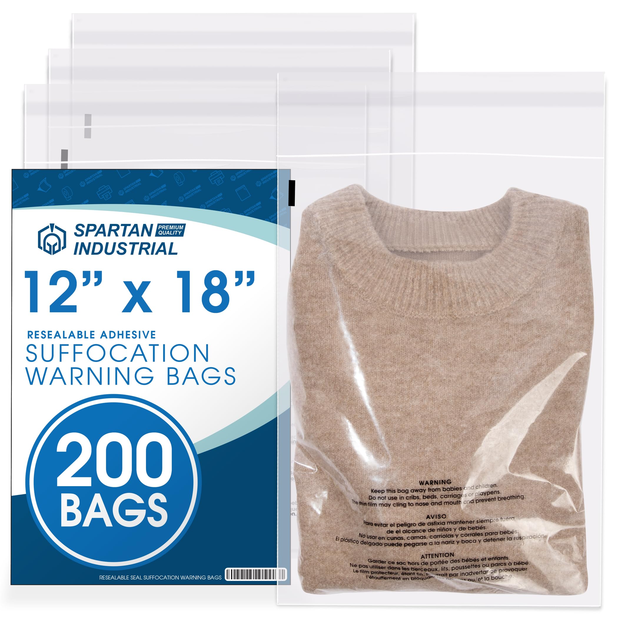 Photo 1 of Spartan Industrial - 12” X 18” (200 Count) Self Seal Clear Poly Bags with Suffocation Warning for Packaging, T Shirts & Shipping - Resealable Glue