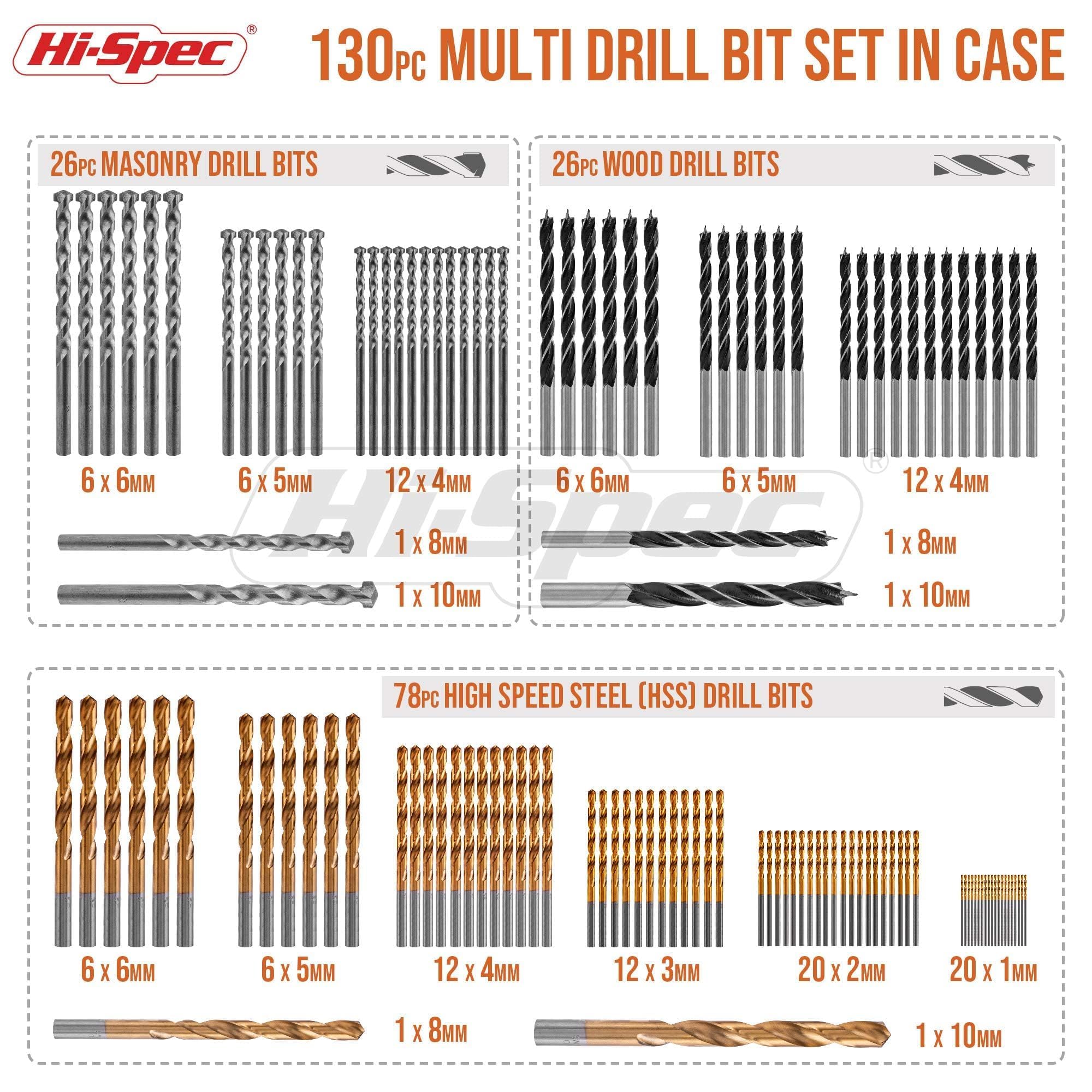 Hi-Spec 130-tlg. HSS-Titan Bohrer-Bit-Set in 8 Größen von 1 mm bis 10 mm. Mit Mauerwerks- und Brad-Point-Bits für Metall, Holz, Kunststoff, Ziegel und Beton 2