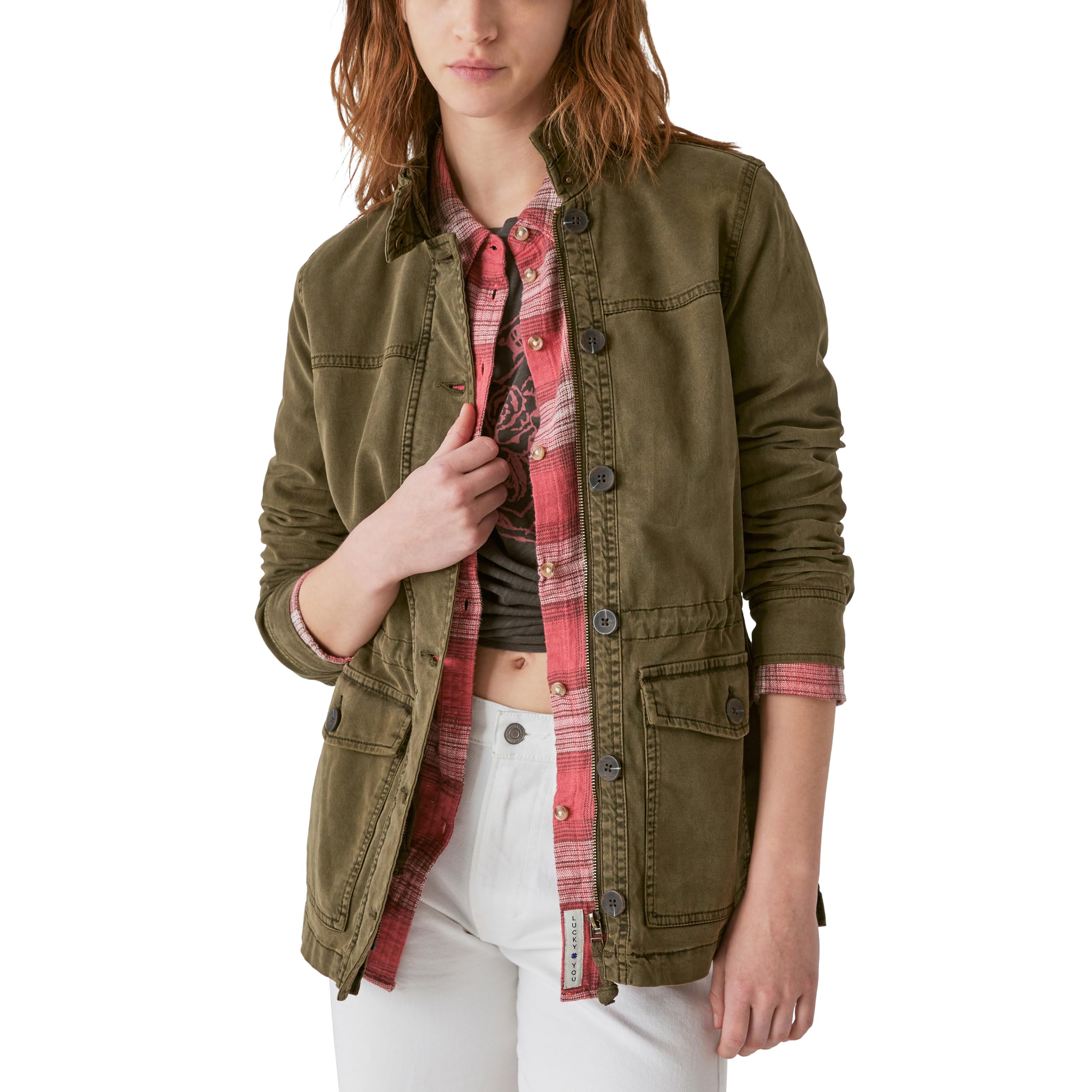 Lucky Brand womens Long Sleeve Button Up Two Pocket Utility Jacket, Olive Night, Large US Image