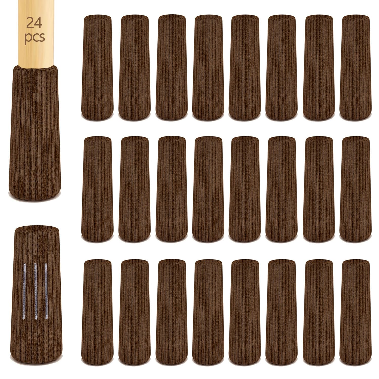 Floor Protection Pack of 24 Chair Socks, Elastic Furniture Socks, Knitted, Felt Chair Leg Caps, Thick Base, Non-Slip Pads for Furniture, Table, Avoid Scratches and Noises (Brown)