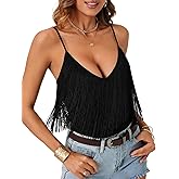 LYANER Women's Fringe Sleeveless Bodysuits Boho Tassel Body Suits Stretchy Cami Summer Leotards Tops