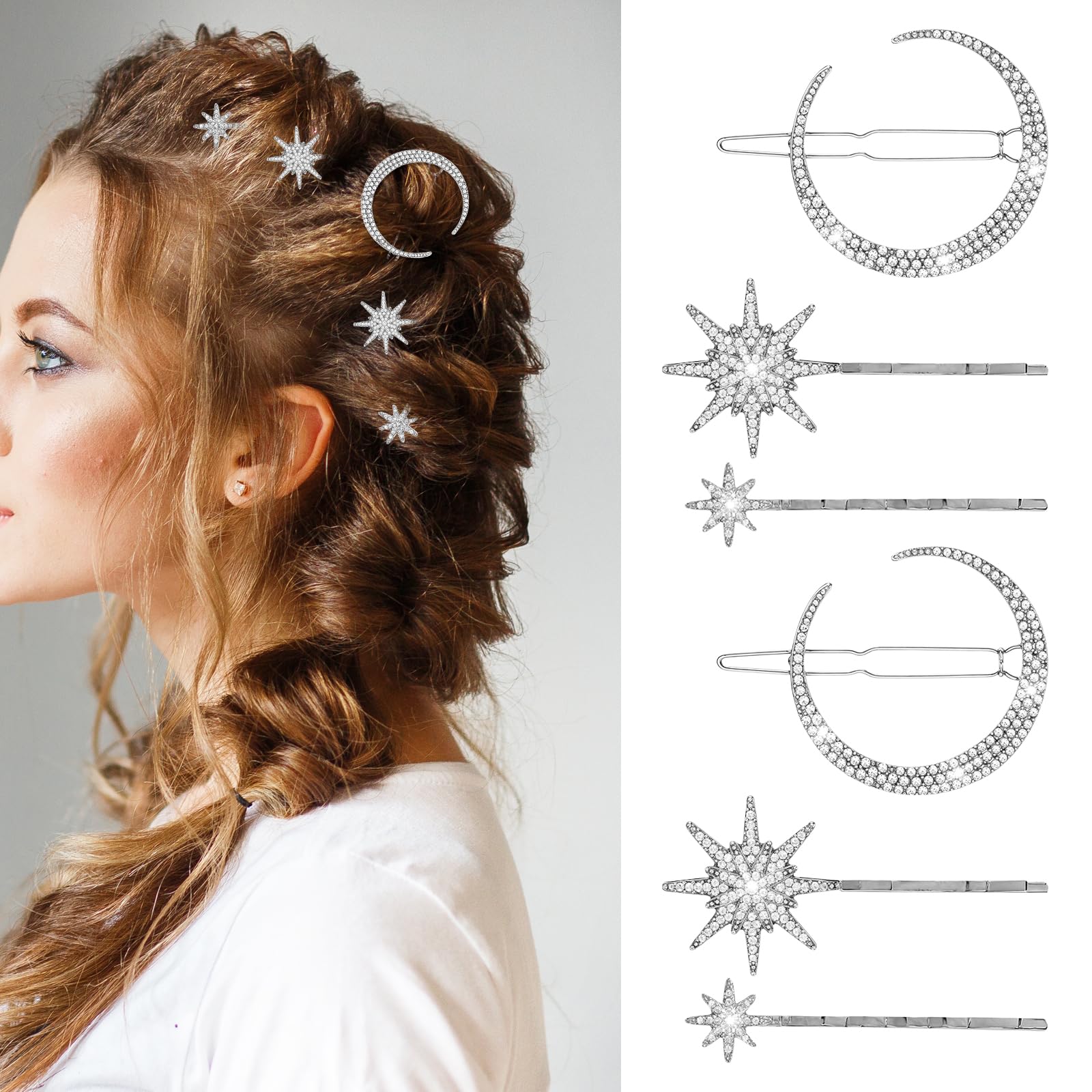 6 Pcs Silver Star Hair Pins Celestial Hair Accessories Vintage Star Moon Hairs Clips Metal Fancy Cute Crystal Hairpins Stars Bobby Pins Crystal Stars Clip Alloy Bride Wedding Hairs Pin for Women Girls