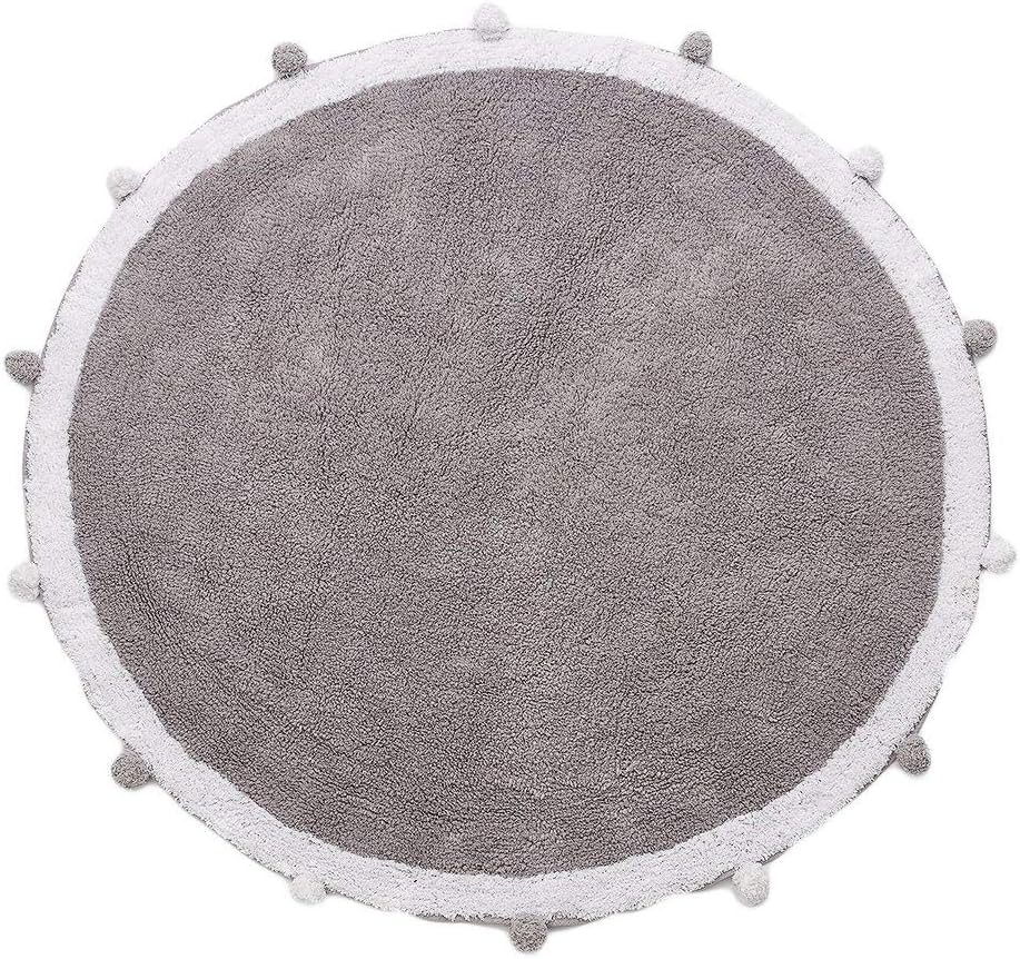 Wonder Space Handmade Round Nursery Rug - Cute Baby Crawling Mat, 100% Cotton with Pom Poms Design, Best Play Mat for Kids Room & Teepee Tent Decor (Grey/White)