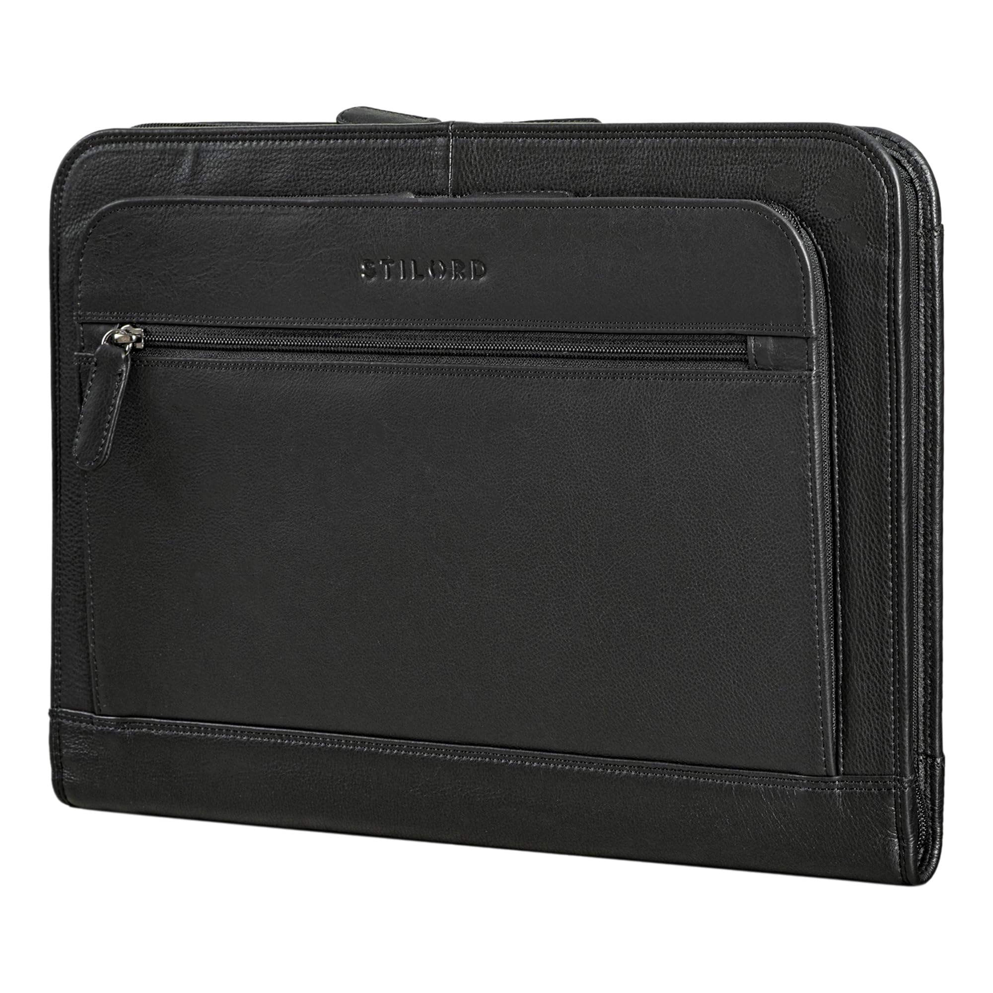 STILORD 'Elton' A4 Leather Conference Folder Vintage Portfolio for 13,3 inch MacBook Laptop Case Business Folder Notepad Cover Briefcase Genuine Leather, Colour:Black