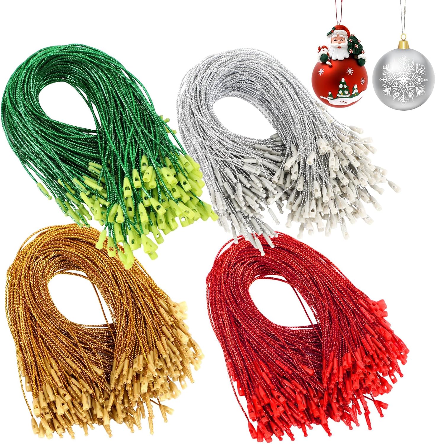 Ornament Hooks - FEBSNOW Christmas Ornament Hooks, 500 Pieces Ornament Hangers with Snap Ornament String for Christmas Tree Holiday Party Hanging Decorations Ropes Easy and Fast Locking (Gold, Silver, Red, Green)