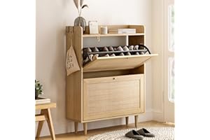 EYYTHUNG Shoe Cabinet with 2 Flip Drawers, Rattan Farmhouse Shoe Organizer, Boho Wooden Hidden Slim Narrow Shoe Rack Cabinet for Entryway, Hallway, Natural Oak