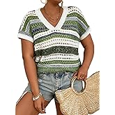 Eytino Plus Size Tops for Women Striped V Neck Short Sleeve Hollow Out Crochet Knit Sweater 2026 Sping Clothes Outfits(1X-5X)