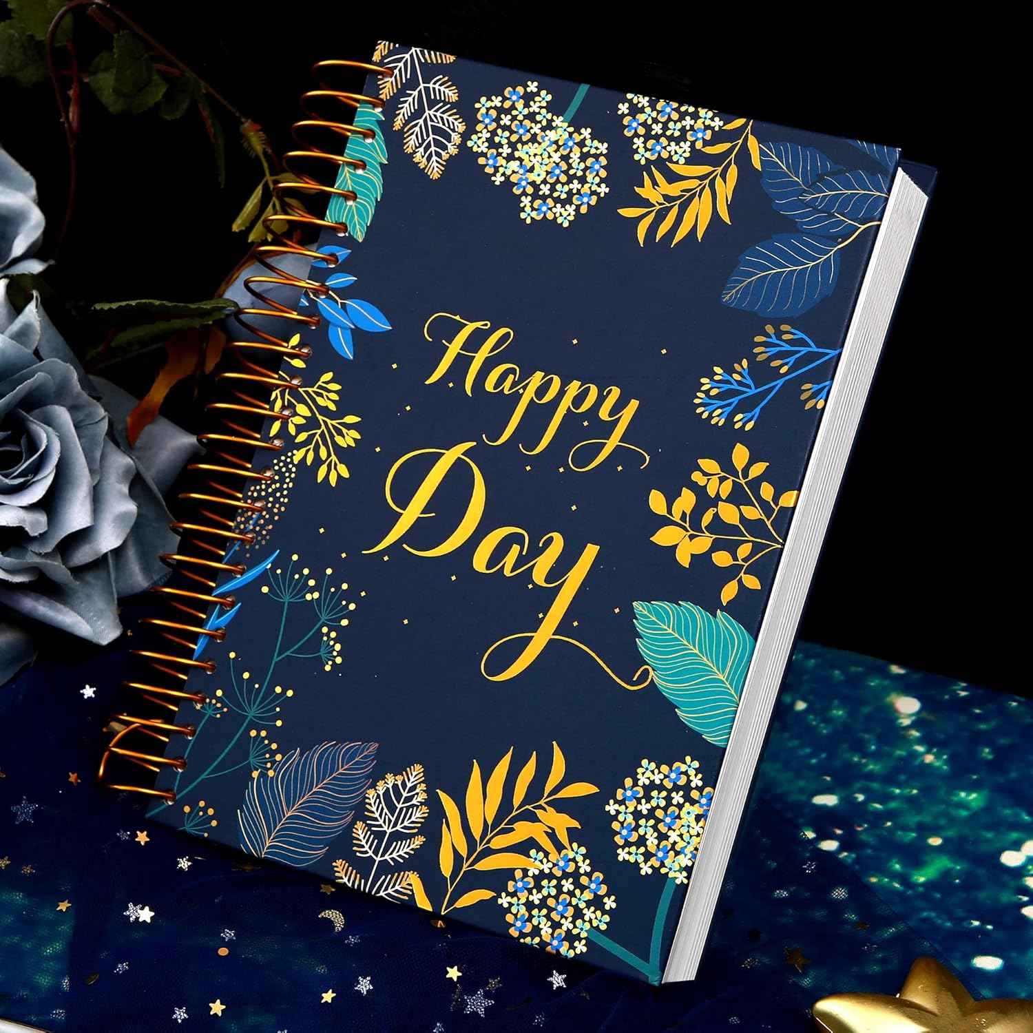 Floral Journal Spiral Notebook, Notes Journal Womens Notebook, College Ruled Pages, Perfect for School, Office & Home, Bold Golden Wire Binding, 180°Lay-Flat, 150 Sheets, 5.6" x 8.3"，Dark Blue : Office Products