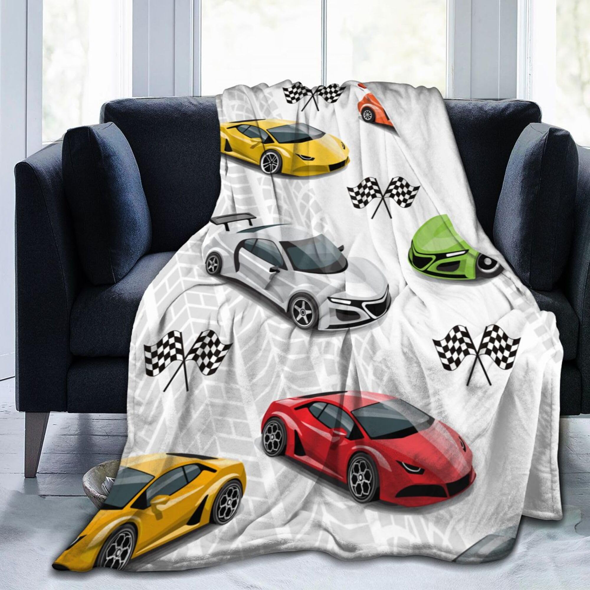 Abaysto Racing Car Theme Throw Blanket for Kids,Multicolor Sport Race Cars Fuzzy Plush Blanket for Boys Gift, Car Flannel Blanket with Race Checkered Flag for Children Teen 130x150cm(50x60 Inch)