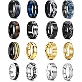 EIELO 16Pcs Stainless Steel Band Rings for Men Cool Black Golden Silvery Plated Rings Comfort Fit Fidget Spinning Chain Ring Fashion Simple Mens Wedding Engagement Ring Set