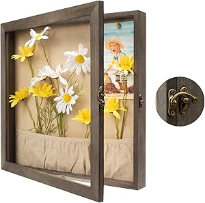 Emfogo 13x13 Shadow Box Picture Frame with Linen Back Front Glass Door and Pocket, Rustic Wood Shadow Display Case of Keepsakes, Baby, Wedding, Memory Box for Wall and Tabletop (Weathered Gray)
