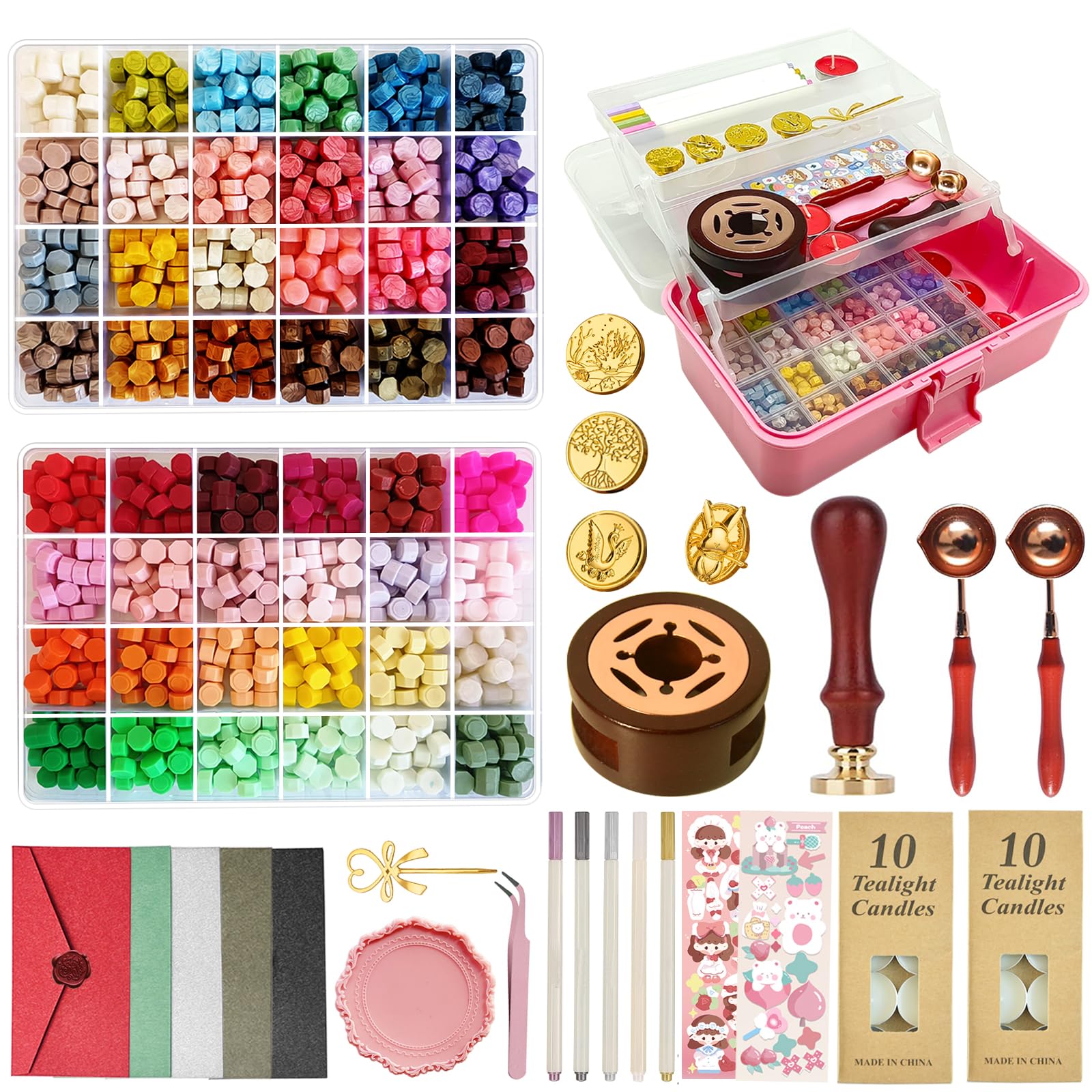 Upgraded Wax Seal Stamp Kit,Wax Seal Kit with Storage Box,48 Color 1200 Pcs Sealing Beads With 4 Pcs Stamps,Sealing Warmer, Envelopes, Candles, Metallic Pen for Letter Sealing