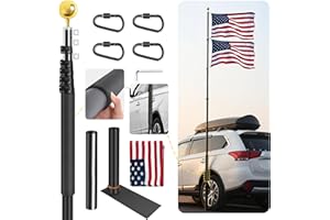 AIRVOWS 20FT Tailgate Flag Pole with Tire Mount, Fit RV/Pickup/Sedan/SUV, Portable Flag Pole with 20" Car Scratch-Proof Protective Tube, Thickened Aluminum Flag Pole with US Flag, 60 MPH, Dual Flag Mount