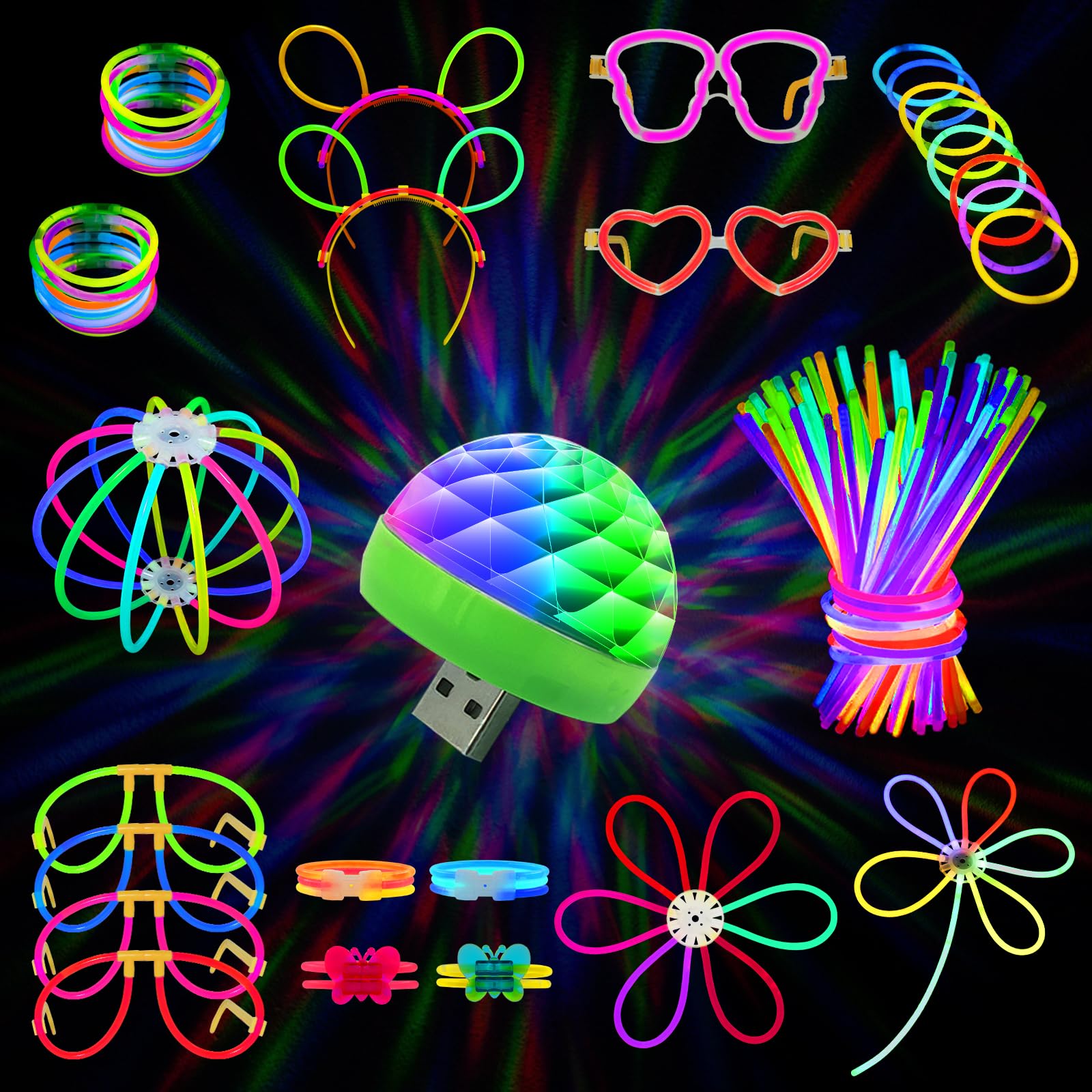 Photo 1 of **MISSING PARTS**MOSSDNAR 229pcs Glow Sticks Bulk Party Pack with USB Mini DiscoLight,Glow Stick Necklaces for Kids Adult,Glow in the Dark Party Supplies,Neon Glow Bracelets for Birthday Wedding Decoration Camping