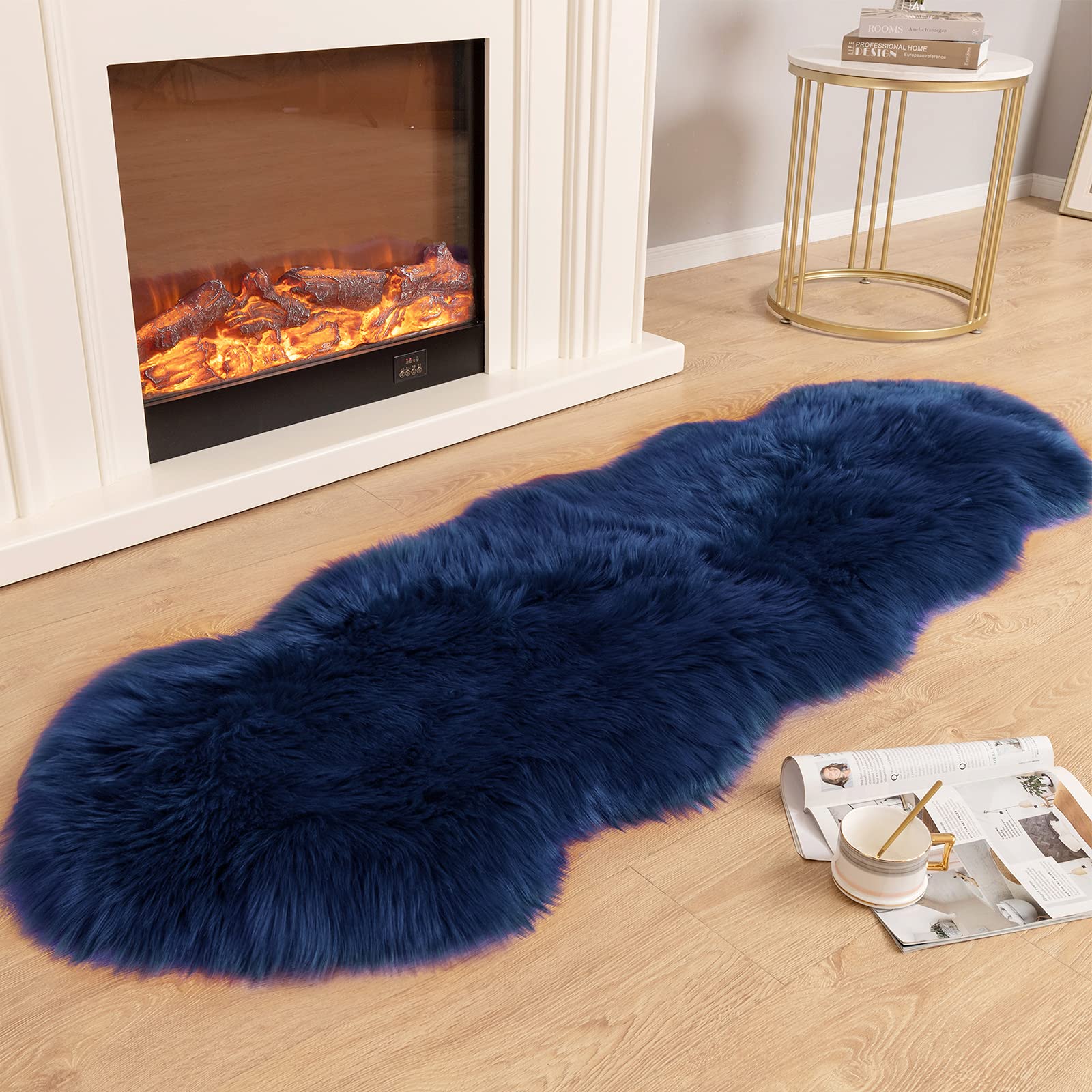 Carvapet 2x6 Luxury Faux Sheepskin Rug Soft Navy Blue Faux Fur Couch