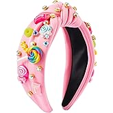 PANTIDE Candy Jeweled Knotted Headband - Valentine's Day Rainbow Lollipop Rhinestone Embellished Preppy Headband Non Slip Wide Top Knot Hairband Hair Accessories Birthday Gift for Women Girls (Pink)
