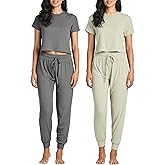 Real Essentials 2 Pack: Women's Ribbed Knit Lounge Sets – Short Sleeve Top with Jogger Sweatpants