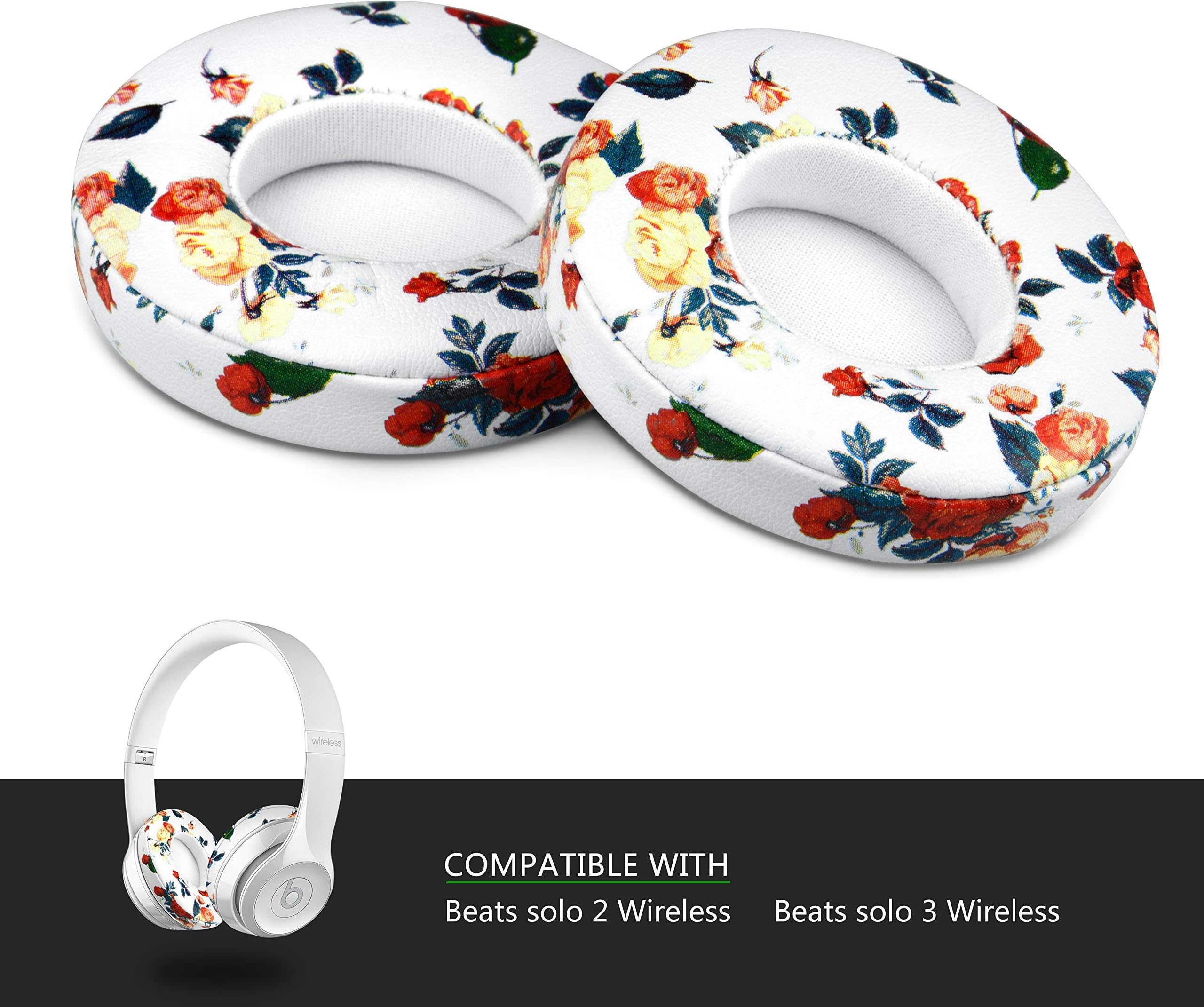 Beats Solo Replacement Ear Pads,Comfortable Soft Breathable Protein Skin,Highly Flexible Adaptive Memory Foam,Compatible with Studio 2&3/Wired/Wireless (White Flower)