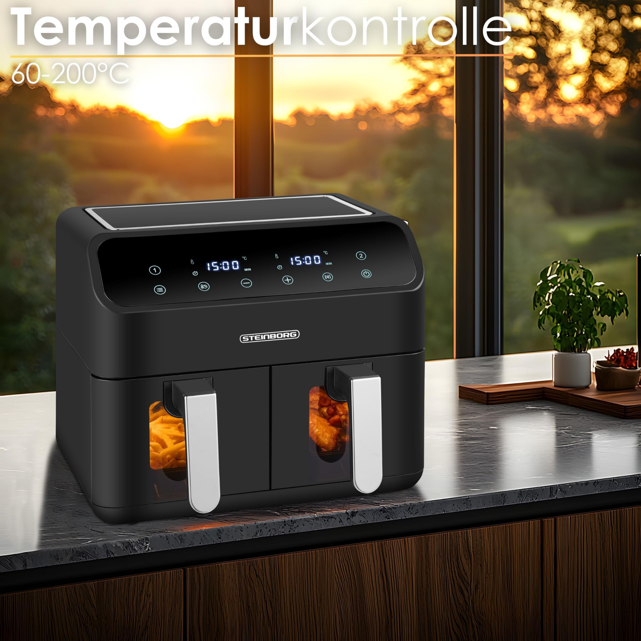 Heißluftfritteuse 2 Kammern 8 Liter Heissluftfritteuse Fritteuse Grillen Backen Dörren Dörrautomat Frittieren XXL Air Fryer Friteuse ohne Öl Heißluftofen Heißluftgrill 4 in 1 Mini Backofen 2