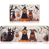 VISSTREE Halloween Kitchen Mats, Pumpkin Ghost Dog Kitchen Rugs | Set of 2, Non-Slip, Spooky, Absorbent Floor Mat, Halloween Holiday Indoor Home Floor Decorations 16x28, 16x47 Inch