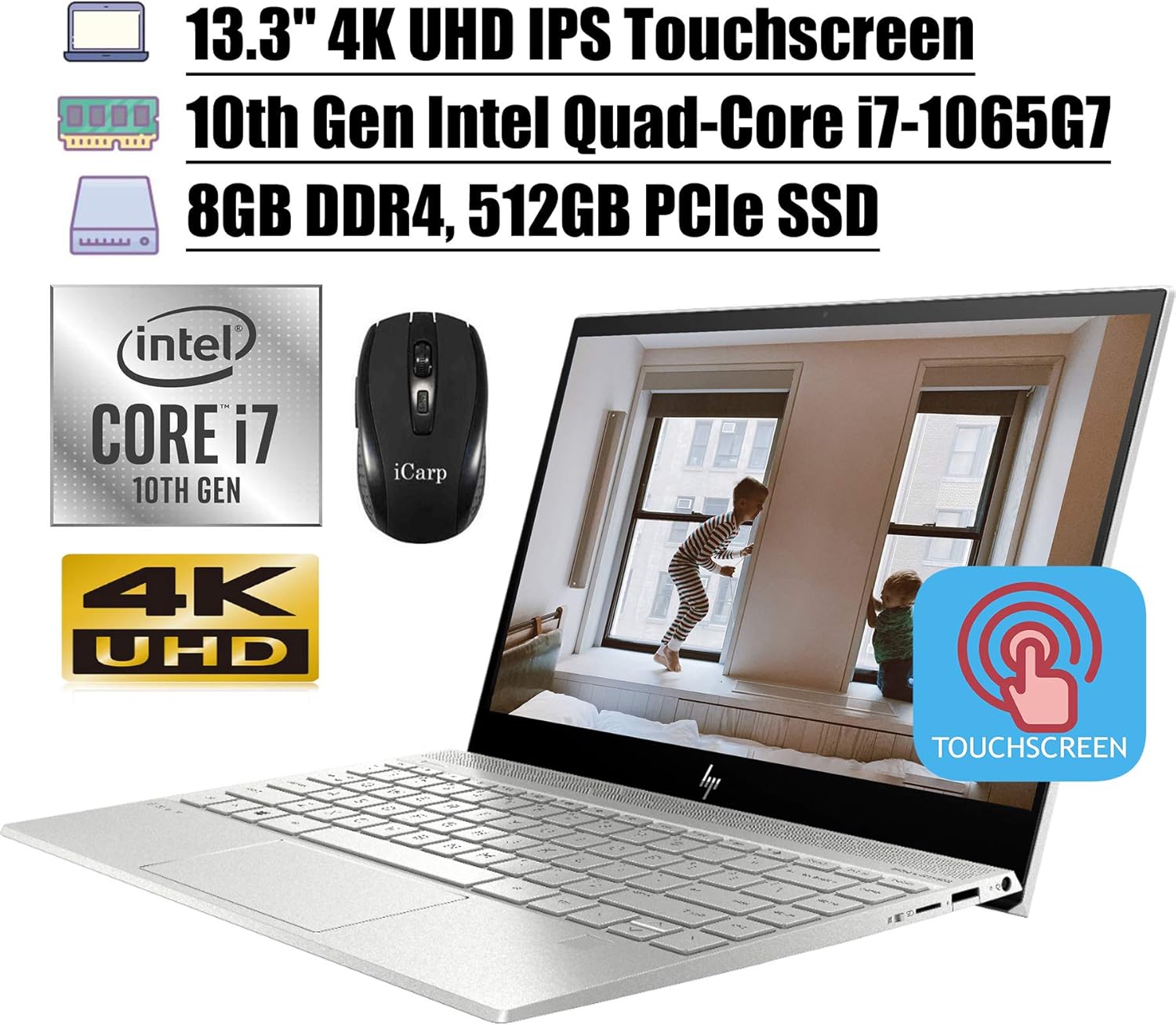 2020 Latest HP Envy 13 Premium Laptop Computer 13.3" 4K UHD IPS Touchscreen 10th Gen Intel Quad-Core i7-1065G7 8GB DDR4 512GB PCIe SSD Backlit KB WiFi Webcam USB-C Win 10 + iCarp Wireless Mouse