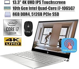 2020 Latest HP Envy 13 Premium Laptop Computer 13.3" 4K UHD IPS Touchscreen 10th Gen Intel Quad-Core i7-1065G7 8GB DDR4 512GB PCIe SSD Backlit KB WiFi Webcam USB-C Win 10 + iCarp Wireless Mouse