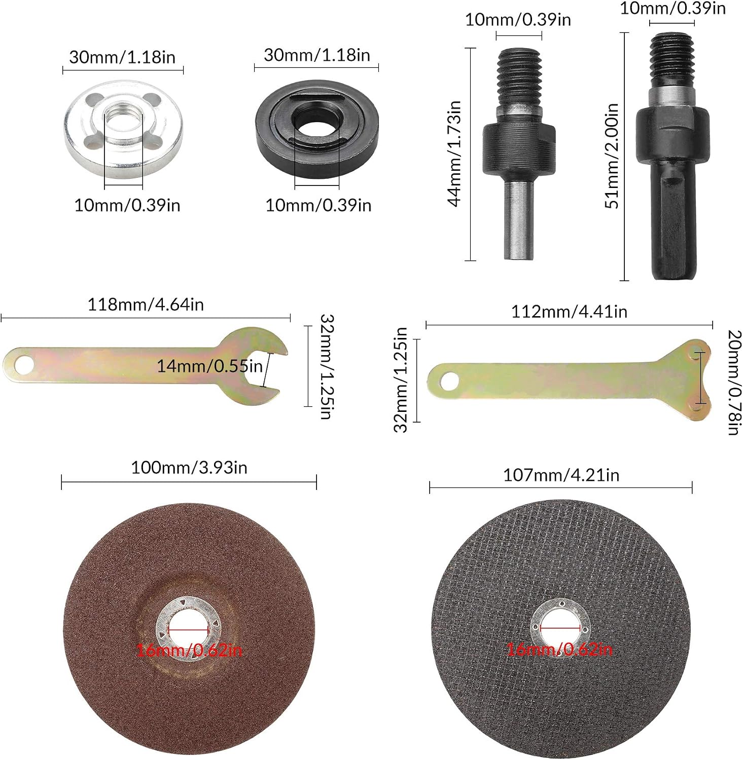 YEYIT 10Pcs Accessories for Angle Grinder & Hand Drill, Connecting Rod, Spanner, Flange Nut, Cutting & Metal Grinding Discs - Image 3
