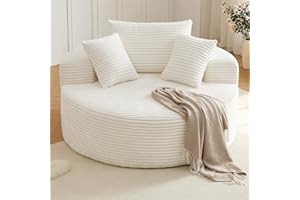 LAKIFUN Oversized Round Chair Lounge Chaise Indoor, Upholstered Corduroy Deep Seat Cloud Large Circle Sofa Chair, No Assembly Required, Fluffy Modern Sleeper Sofa Bed for Reading, Living Room, Bedroom, White