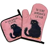 Jxubeuro Silicone Non-Slip Oven Mitts & Pot Holders Set of 2, Cat Hair Print, Cotton Fill, Kitchen Gift for Cat Lovers