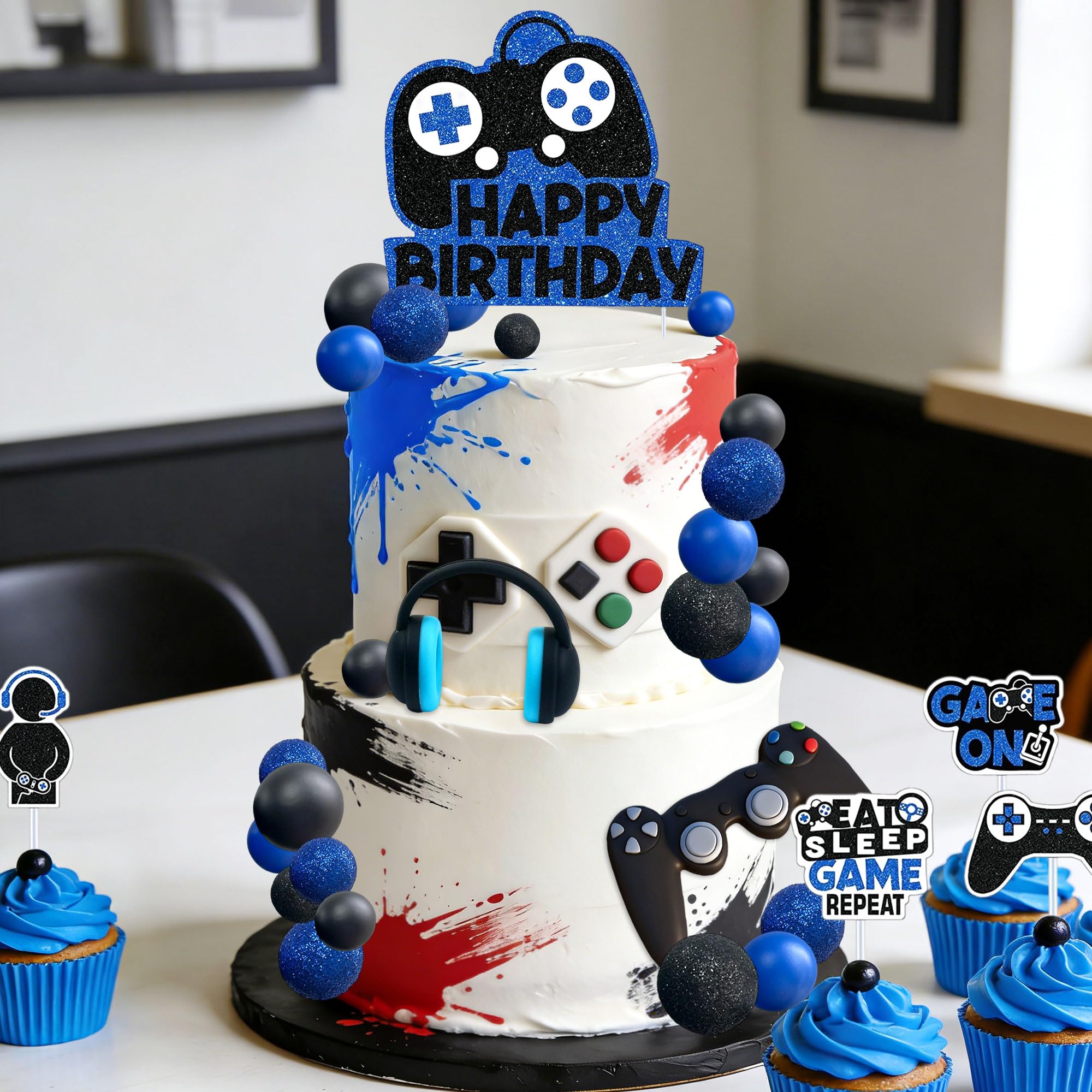 28PCS Video game themes Cake Toppers Headset Cake Decoration Ball Controller Cake Decoration for Birthday Party Supplies (blue)