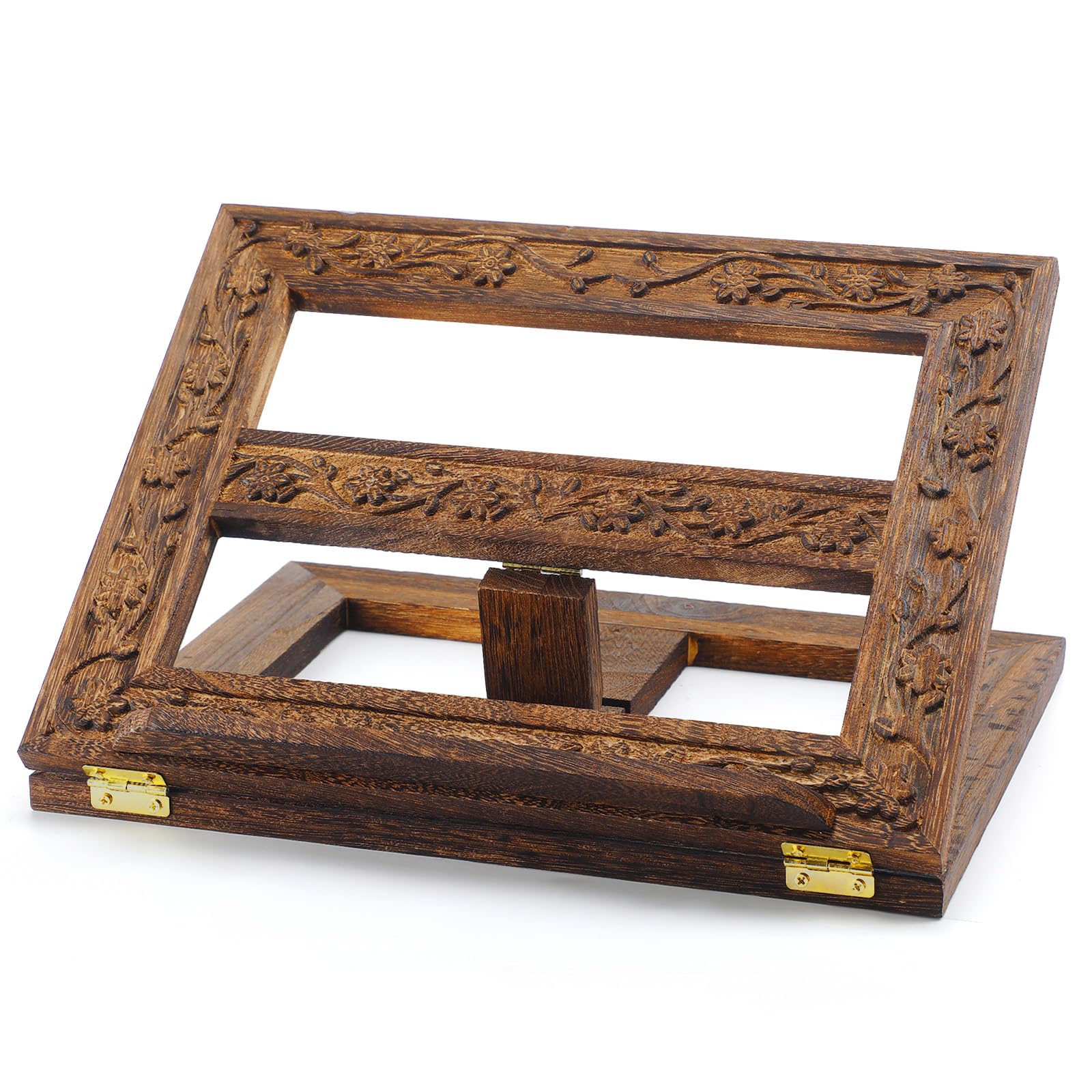 Photo 1 of Adjustable Wooden Bible Stand Carved Bible Holder Missal Stand Book Display for Reading Folding Religious Prayer Wooden Holy Book Holder 12.99 x 10.04 Inches