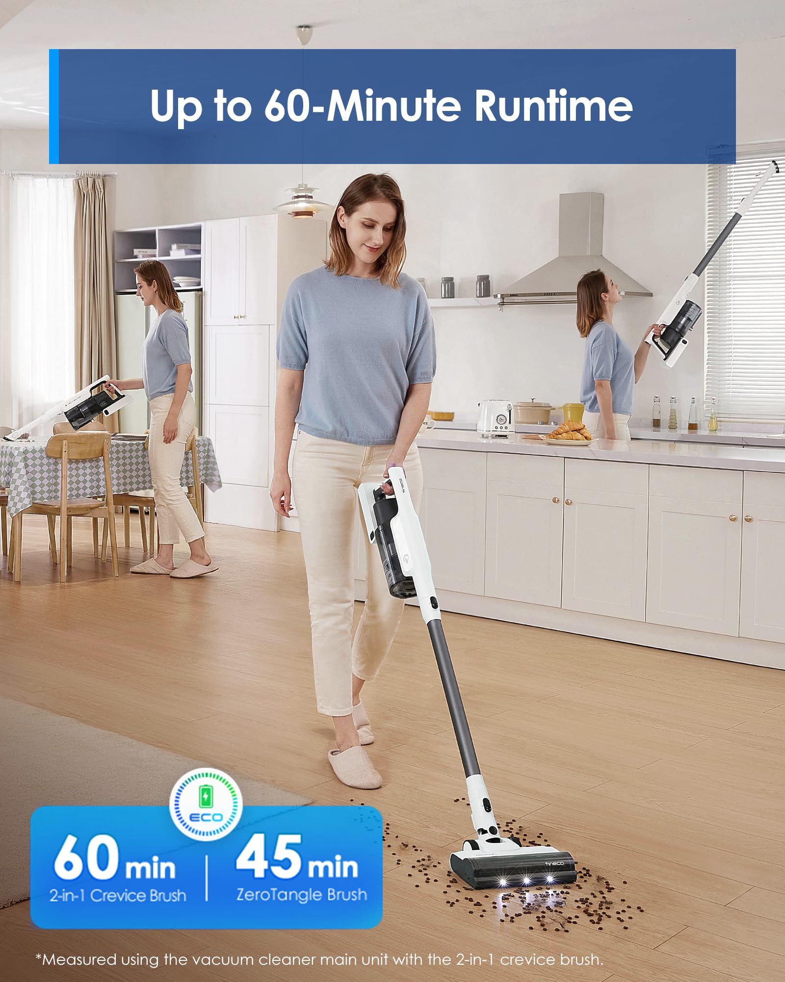 Tineco A30S Aspirador Escoba Inalámbrico, Succión de 160 W, Autonomía de 60 Min, Cubo de Basura más Grande de 1 L, Cepillo ZeroTangle, Tecnología PureCyclone, Faro LED, Blanco