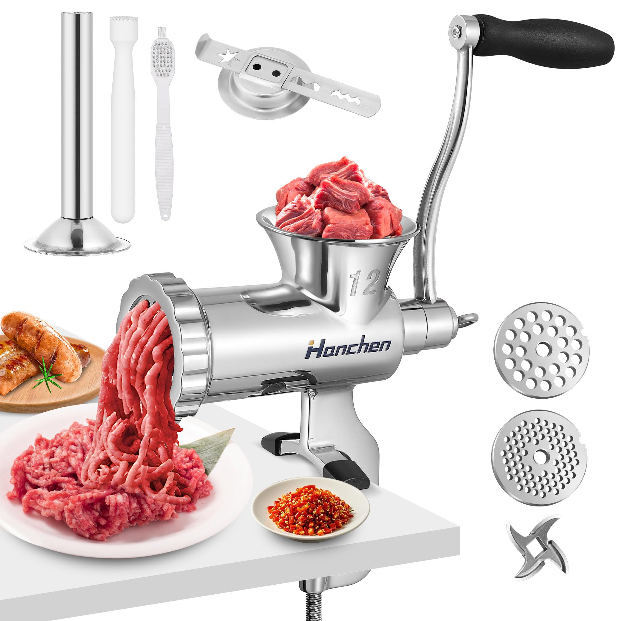 Hanchen Manual Meat Grinder Mincer Sausage Stuffer All Stainless Steel Household Multi-Function Sausage Stuffing Machine with 4.5mm/8mm Plate, for Pork Chicken Fish Vegetable