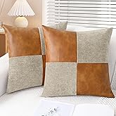 CaliTime Throw Pillow Covers Decorative 18 X 18 Inches Pack of 2 Cozy Chenille Faux Leather Splicing Cushion Cases for Couch Sofa Bed Living Room Home Light Taupe