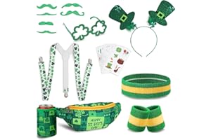 Dulsaera 9 Pcs St. Patrick's Day Accessories Set - Includes Headscarf, Wrist Guards Waist Bag Stickers Adjustable Suspender Glasses Hair Accessories for Irish Celebrations.St Patty's Gift Dress up.