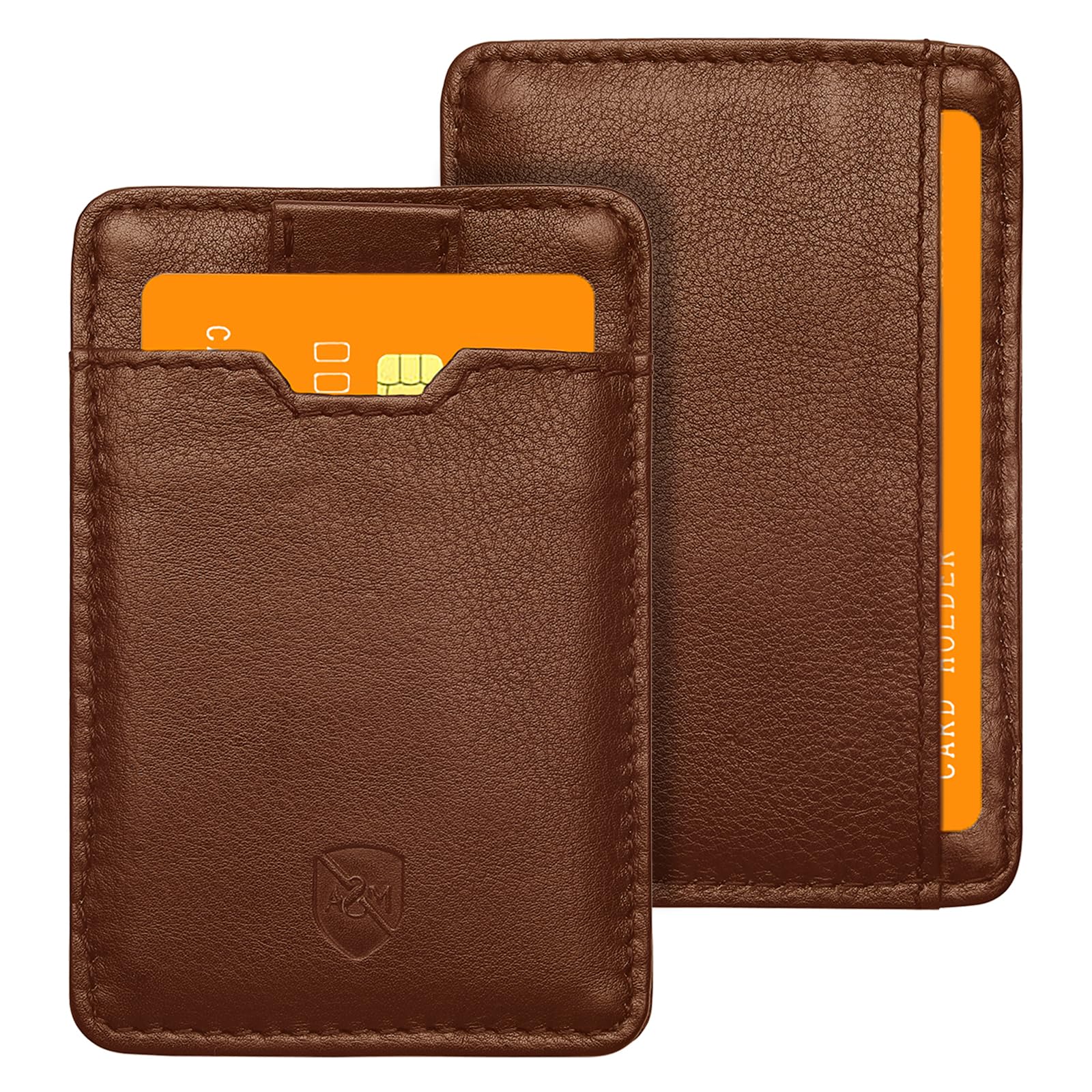 ALLEN & MATE 100% Leather Slim Minimalist Wallet for Men – RFID Blocking Credit Card Holder with Smart Strap – Holds 5 Cards – Compact Front Pocket Wallet (Tan)