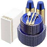 Bestluck 700PCS Clear Blue Plastic Plates for 100 Guests, Disposable Plates with Gold Trim include 100 Dinner plates, 100 Dessert Plates, 100 Gold Silverware, Cups and Napkins for Party, Graduation