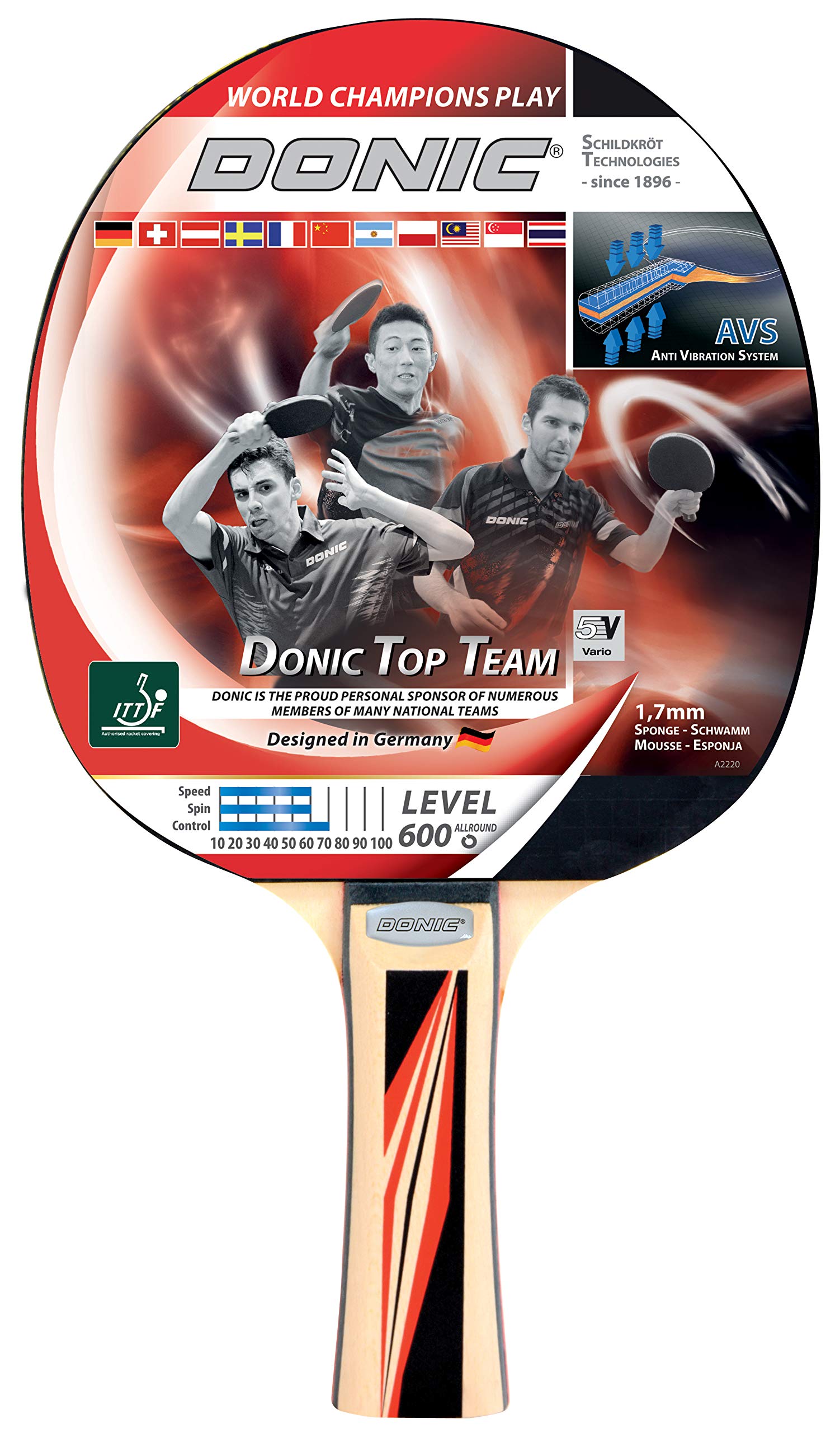 Donic-Schildkröt Top Team 600 Table Tennis Bat, AVS Handle, 1.7 mm Sponge, 2-Star Donic Pad - ITTF, 733236