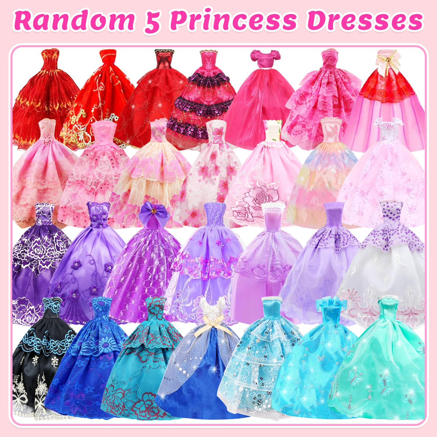 87 Pcs Doll Clothes and Accessories Gift Box Package,5 Wedding Gowns 4 Evening Dresses 8 Fashion Dresses 3 Set Casual Outfit, 2 Swimsuit,30 Hanger 20 Shoes 10 Accessories for Girls 3-10 years old Gift