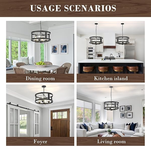 QIANZHAN 4-LIGHT FARMHOUSE CHANDELIER, 20″ BLACK LIGHT FIXTURE WITH GLASS SHADE MODERN DRUM LIGHTING FIXTURES CEILING PENDANT LAMP FOR DINING ROOM KITCHEN ISLAND ENTRANCE FOYER LIVING ROOM BEDROOM