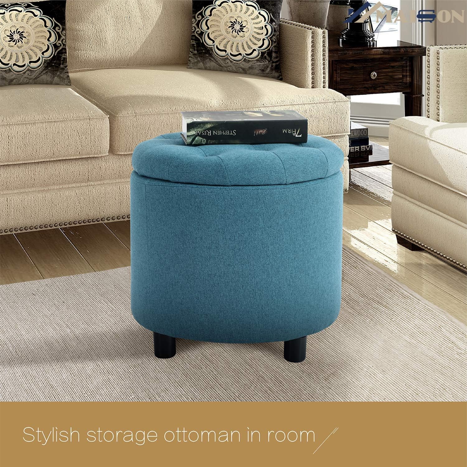 MAISON ARTS Round Storage Ottoman Foot Stool Vanity Stool Tufted Pouf Ottoman Side Table for Living Room Bedroom Seat Dressing Chair Footrest, 4 Legs, Blue: Kitchen & Dining