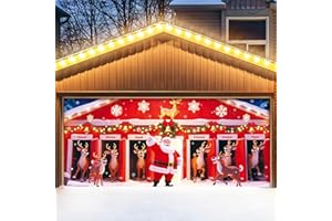 YUSPENYE Christmas Garage Door Cover Decoration, 7x16 ft Holiday Garage Door Banner, Outdoor Banner Garage Door Decorations, Santa and His Reindeer Team in Festive Red Barn Stables