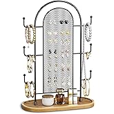 bussdis Jewelry Holder Organizer Earring Display - Stands Earring Storage Earring tree Hanger Jewelry Towers Rack with 6 Hooks 300 Stud Holes Wood Tray for Necklaces Bracelets Rings
