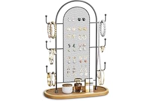 bussdis Jewelry Holder Organizer Earring Display - Stands Earring Storage Earring tree Hanger Jewelry Towers Rack with 6 Hooks 300 Stud Holes Wood Tray for Necklaces Bracelets Rings