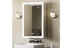 QueenFun LED Medicine Cabinet Mirror 24x32 Surface or Recessed Fogless Lighted Medicine Cabinet with Mirror, Time Display & Stepless Dimming, Built-in Auto-Sensing LED, 2 Outlet &USB, Door Right Open