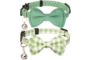 Gyapet Cat Collar Breakaway Bowtie Safety with Bell Adjustbale Kitten Puppy Solid Plaid Color Set J-[2pcs] Green