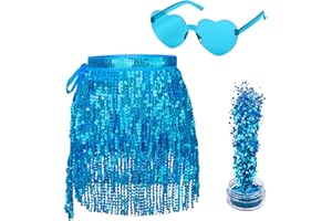FAROCHY Sequin Skirt - Belly Dance Hip Scarf Sequin Tassel Skirt Fringe Skirt Rave with Heart Sunglasses and Face Glitter(One Size)