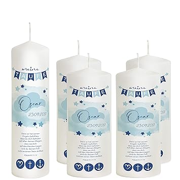 Liamoria Taufkerze Junge Mit Name Und Datum Motiv Wolkchen In Blau 27 Cm Inkl Taufspruch Mit 4 Patenkerzen Lange Brenndauer In Weisser Farbe Die Perfekte Taufkerzen Fur Jungen Amazon De Baby