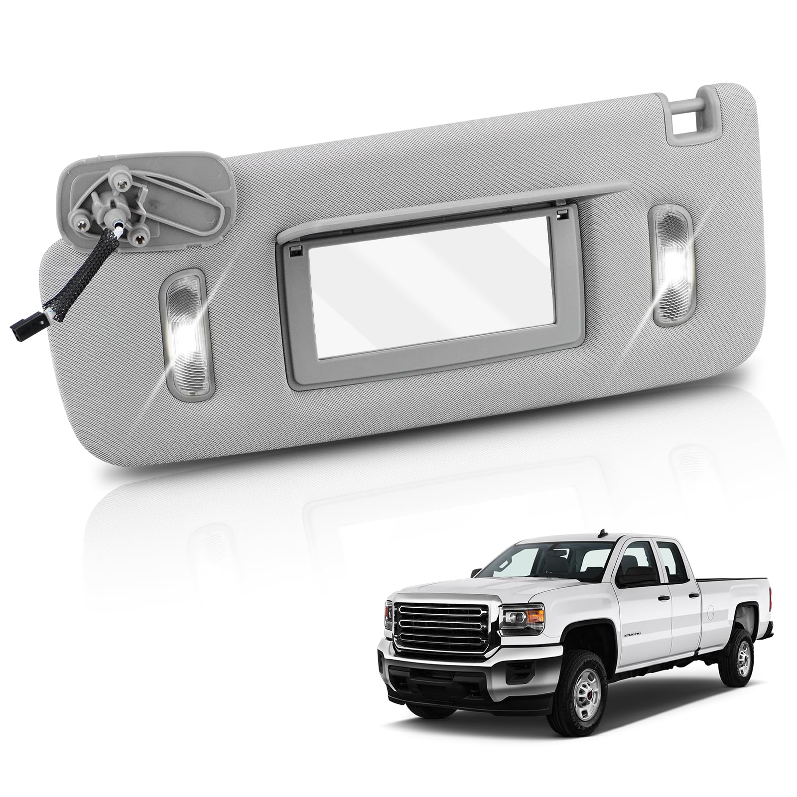 Photo 1 of Left Driver Side Sun Visor with Lighted Mirror Compatible with 2014-2019 Chevy Silverado & GMC Sierra - Replace# 23459655, Gray