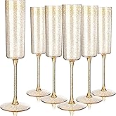 YOUBET 24 Pack Plastic Champagne Flutes - 6 Oz Gold Glitter Disposable Champagne Glasses - Square Plastic Wine Cups Wedding Toasting for Party Birthday Anniversary
